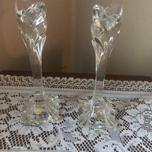 Pair Vintage 24% Lead Crystal Candle Stick Holders Tall 9 1/2" & Heavy